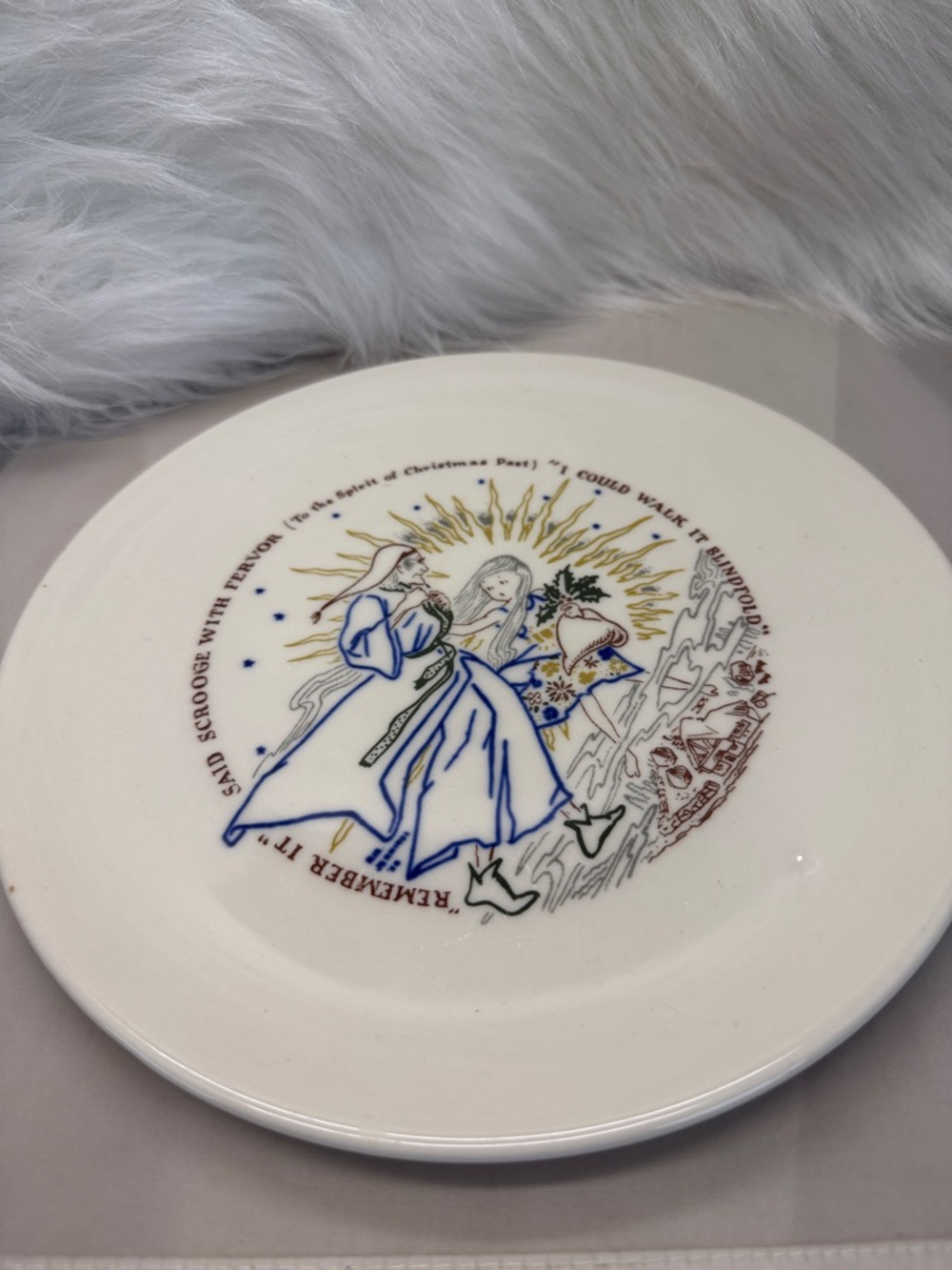 Decorative Vintage-Style White Holiday Plate with Gold & Blue Illustration